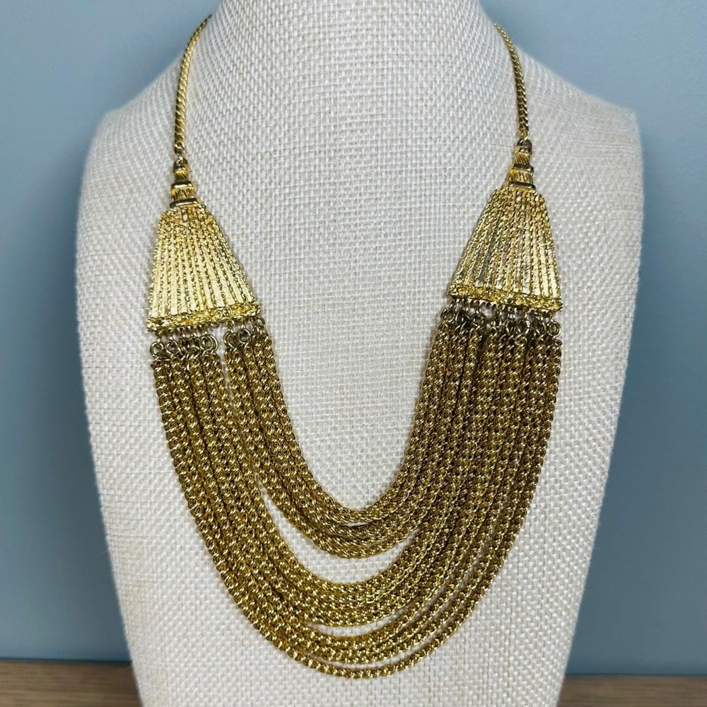 Vintage 1960s Mosell Gold Plated Multi Strand Chain Bib Necklace Signed READ
